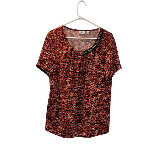 Kim Rogers Tops - Kim Rogers Blouse Womens Size XL Red Orange Black Print Scoop Neck Grommet Trim